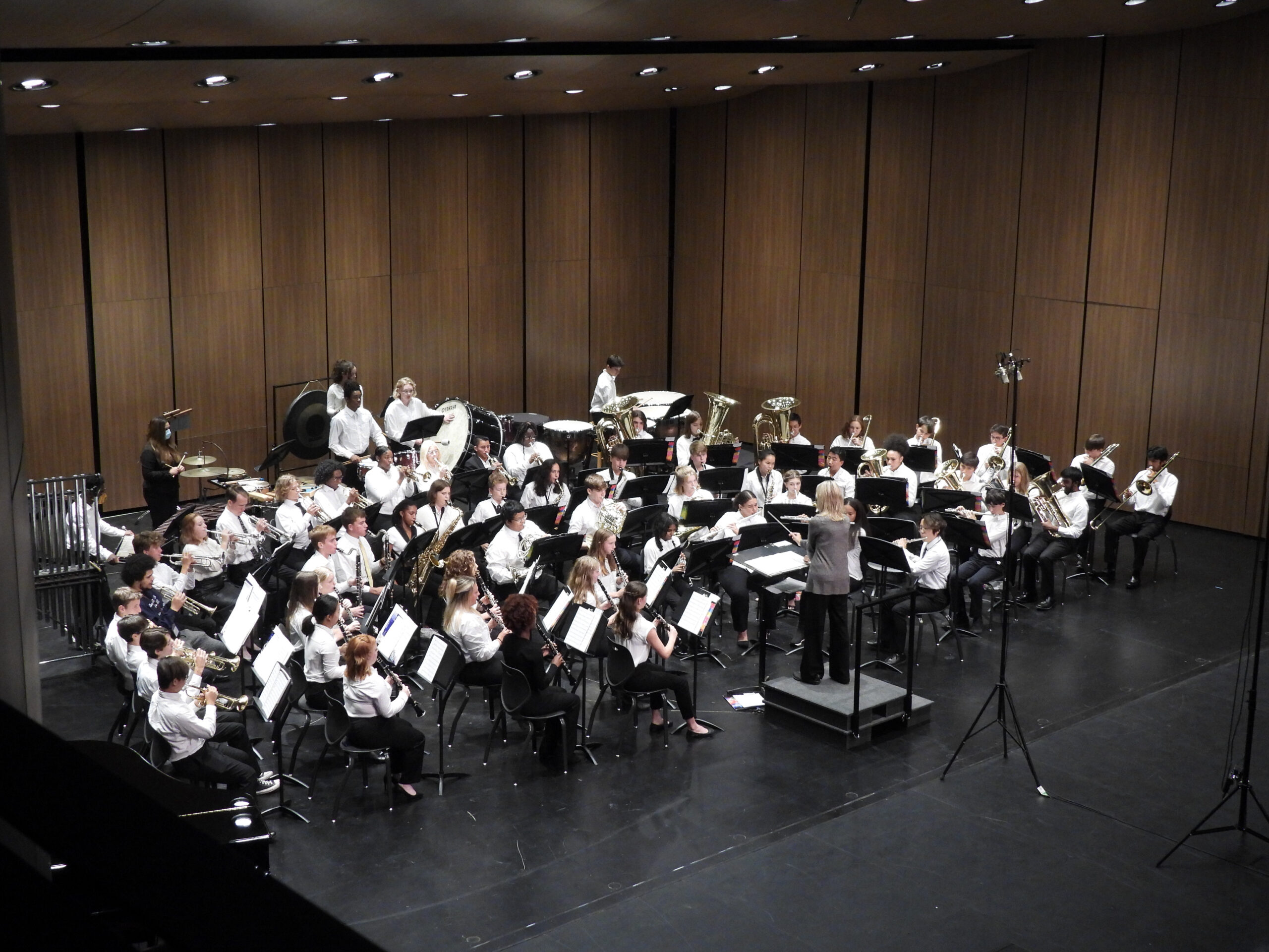 Central high school band on the Decker Theater stage performing
